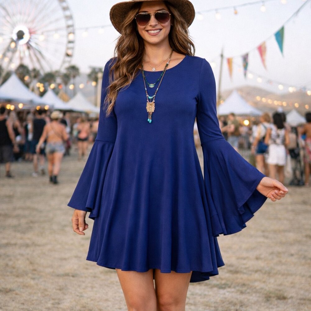 Altar'd State Royal Blue‎ Bell Sleeve Boho Mini Dress Lattice Back Womens Medium